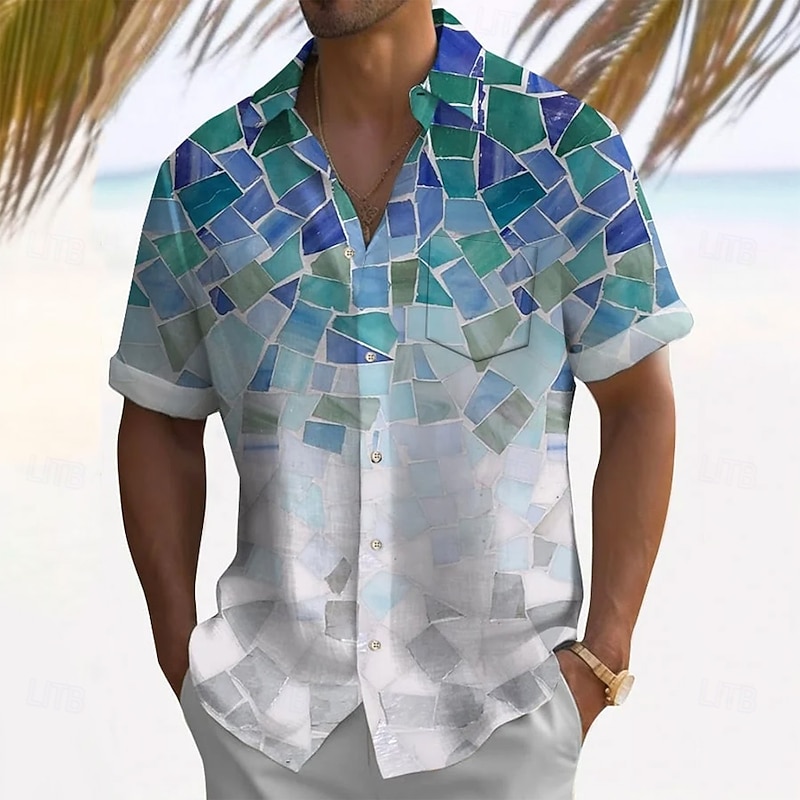 Men's Geometric Mosaic Print Shirt Summer Shirt Button Up Shirt Short Sleeve Fashion Casual Outdoor Vacation Dailywear Summer Spring Turndown 3D Print Collared Shirts Front One Pocket Blue Purple4