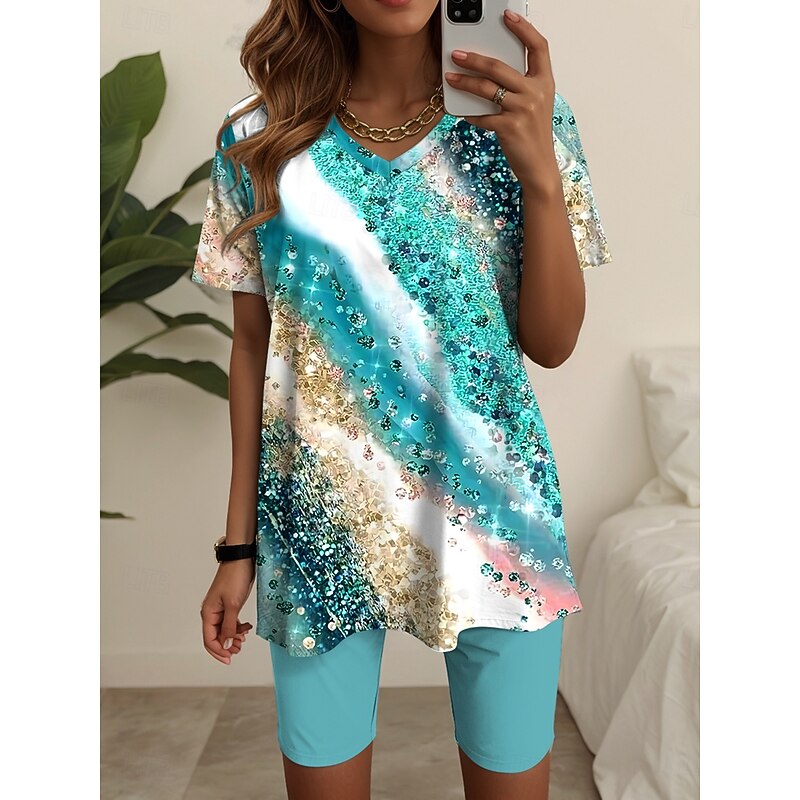 Women's 2 Pieces Fashion T Shirt Shorts Sets Short Sleeve V Neck Graphic Geometric Print Daily Casual Daily Blue Green Summer Regular Fit4