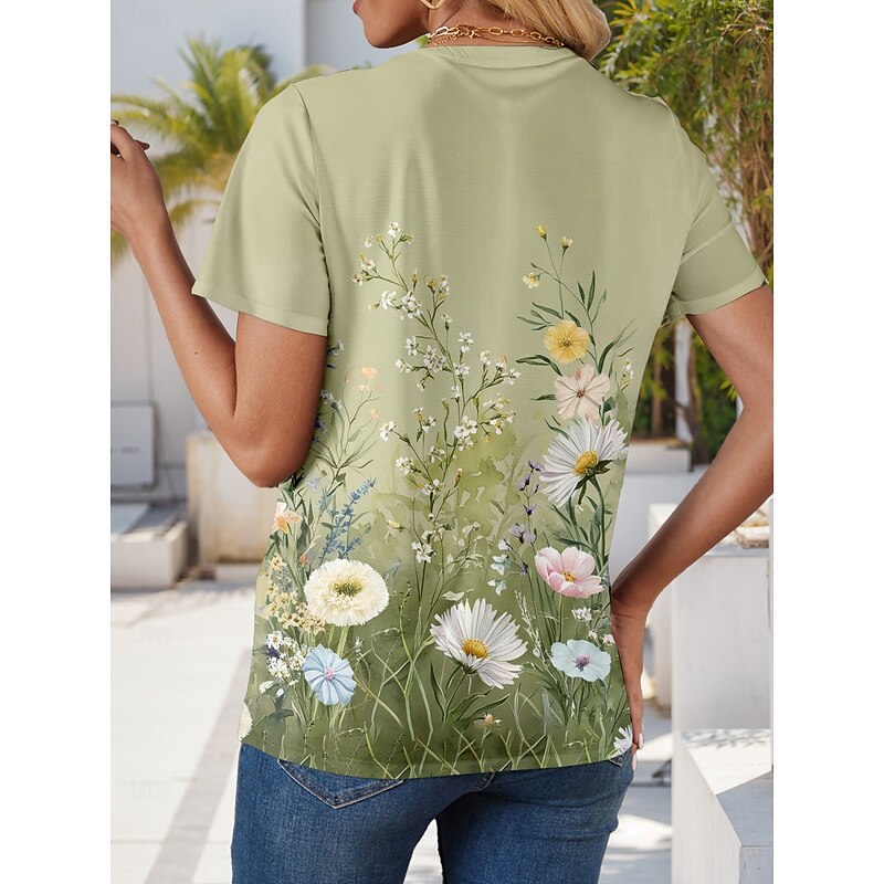 Women's T Shirt Floral Graphic Plants Vintage Stylish Classic Short Sleeve V Neck Regular Tops Daily Going out Weekend Print Green Summer Spring2