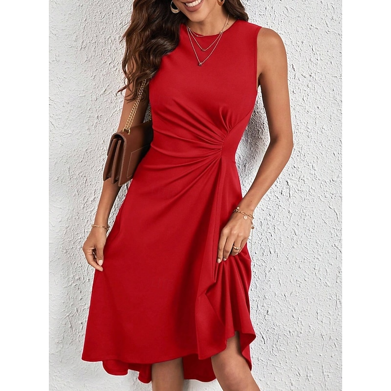 Women's Midi Dress A Line Dress Solid Color Bodycon Dress Work Dresses Semi Formal Office Slim Graphic Sleeveless Crew Neck Black Pink Red Blue Summer