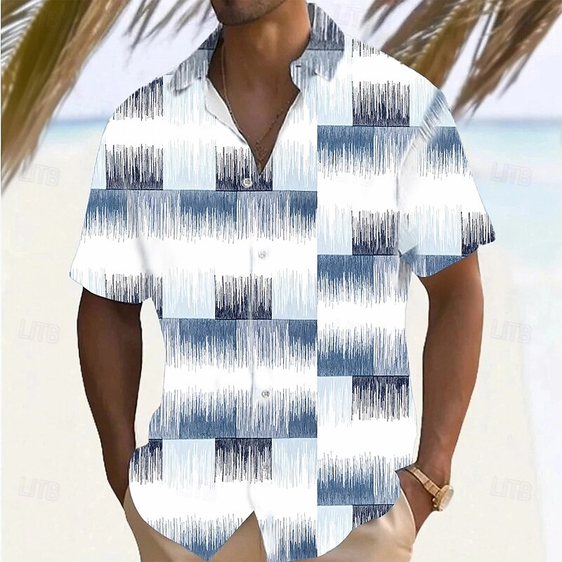 Men's Geometric Color Block Grid / Plaid Shirt Summer Shirt Button Up Shirt Short Sleeve Fashion Casual Outdoor Vacation Dailywear Summer Spring Turndown 3D Print Collared Shirts White