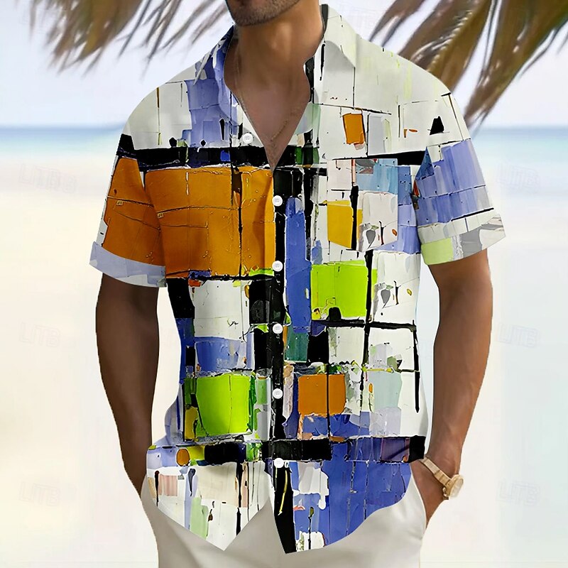 Men's Geometric Color Block Grid / Plaid Shirt Casual Shirt Button Up Shirt Short Sleeve Fashion Casual Vacation Holiday Streetwear Summer Turndown 3D Print Front One Pocket Linen Like Shirt White4