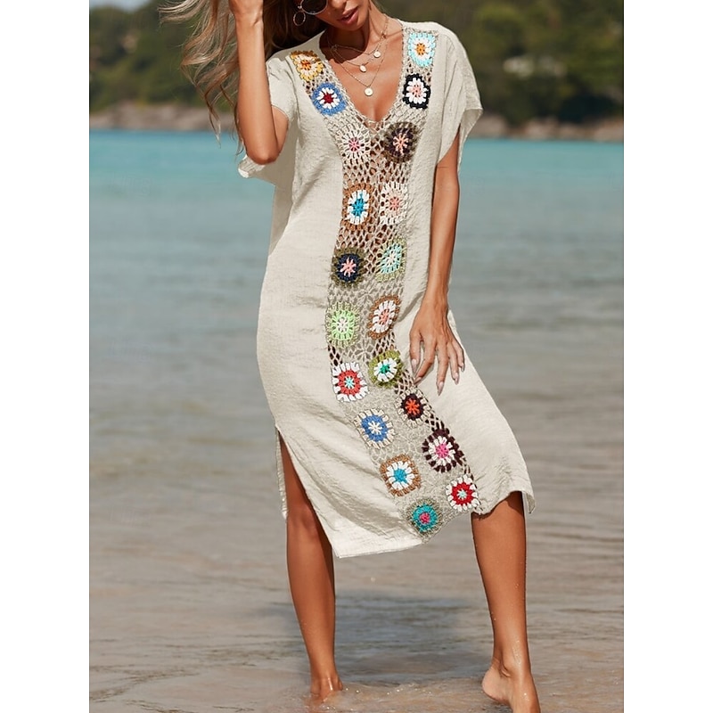 Women's Swimsuits Cover Up Swim Dress Swimsuit Patchwork Vacation Beach Wear Solid Color V Neck Short Sleeves Bathing Suits2