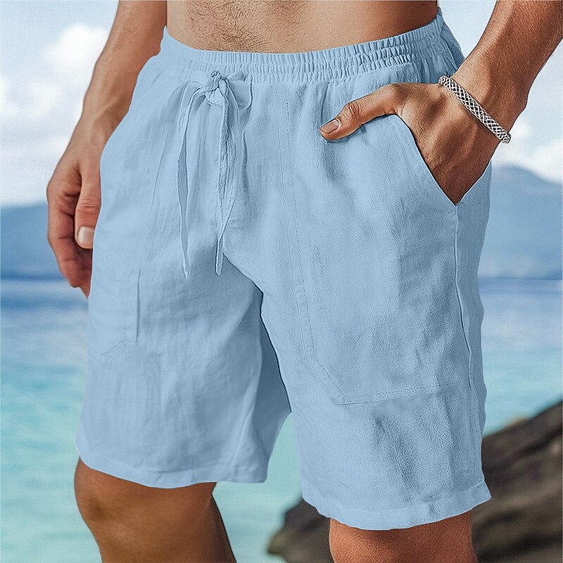 Men's Shorts Linen Shorts Summer Shorts Beach Shorts Drawstring Elastic Waist Plain Comfort Breathable Knee Length Outdoor Daily Beach Fashion Hawaiian Black White3