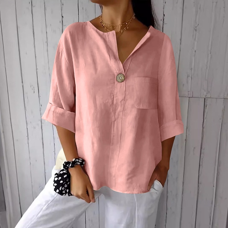 Women's Cotton Linen Blouse Solid Color Elegant Stylish Casual 3/4 Length Sleeve V Neck Regular Tops Daily Holiday Buttons Black White Pink Blue Beige Summer Spring3