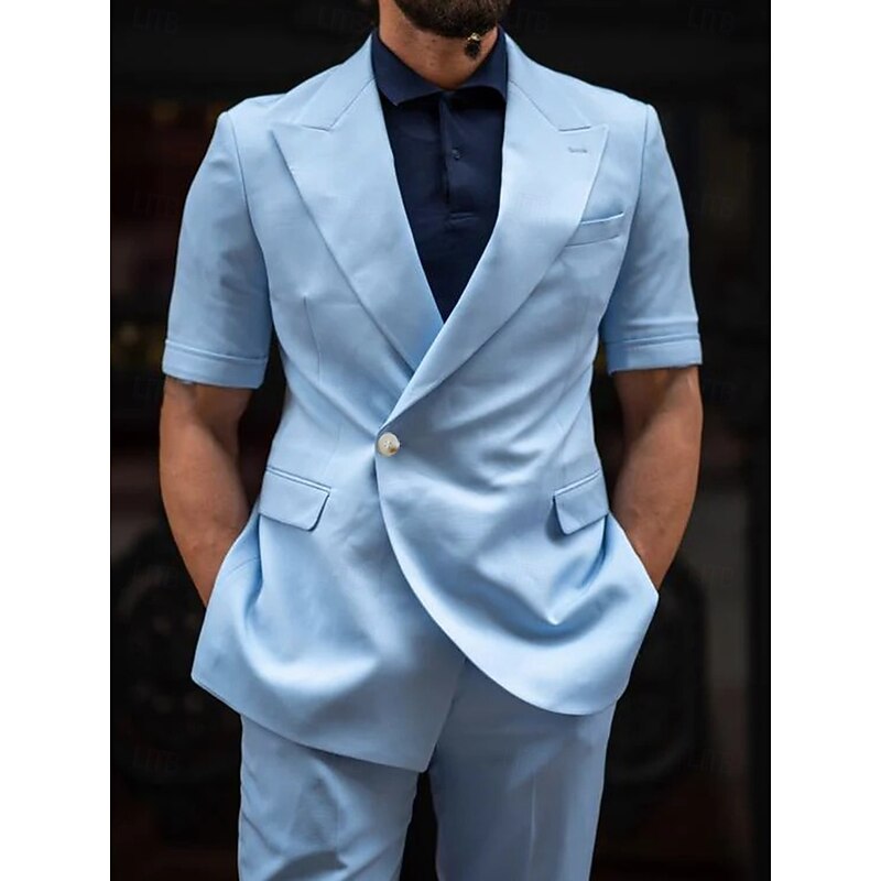 Men's Casual Linen Suits Sky Blue Short Sleeves Summer Suits Solid Colored Standard Fit 2 Piece Single Breasted One-button2