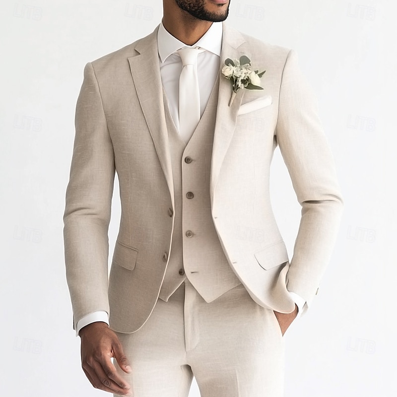 Men's Wedding Linen Suits Sky Blue Sage Fashion Formal Solid Colored Standard Fit 3 Piece Single Breasted Two-buttons
