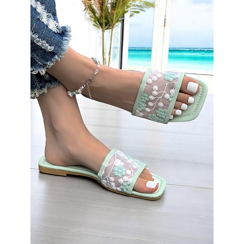 Women's White Embroidered Mesh Slide Sandals – Floral Lace Design, Square Toe, Romantic Beach Style for Summer Vacations and Casual Wear3