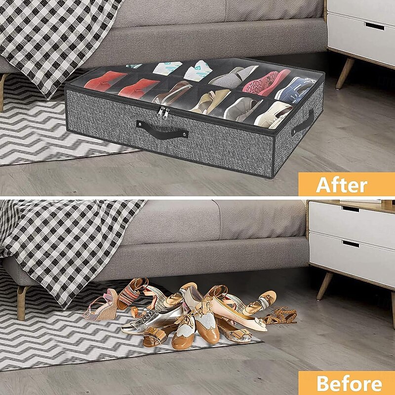 2 Pack Under Bed Shoe Storage Organizer, 24 Compartments, Underbed Shoes Closet Storage Solution with Clear Window, Breathable, Foldable Fabric Container Box with Reinforced Handles2