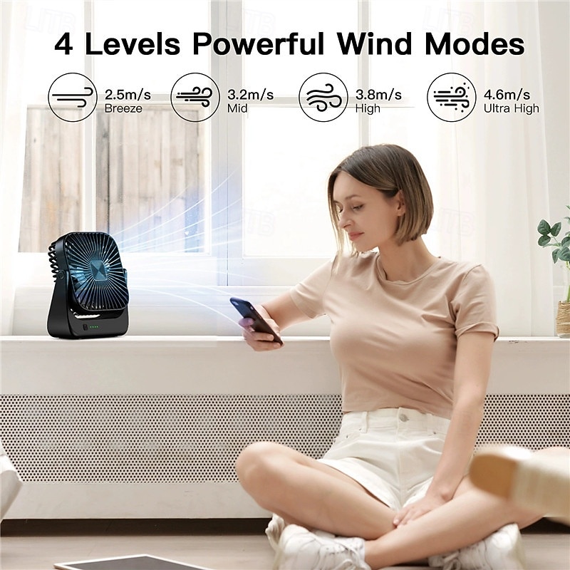 Mini Portable Brushless Fan with LED Display, 3-Speed Wind, 3000mAh Battery, USB-C, Rugged Build for Outdoor/Desk Use4