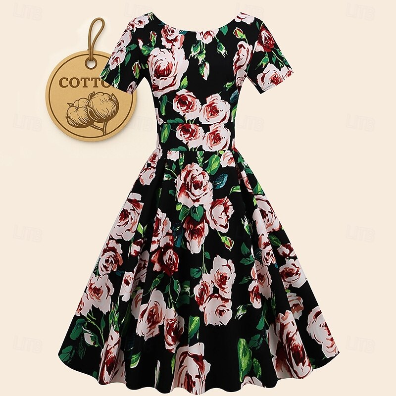 Retro Vintage 1950s Knee Length Swing Dress Flare Dress Floral Print Round Neck Fancy Dress Women's Masquerade Party Tea Party Casual Daily Adults' Dress Homecoming Dresses