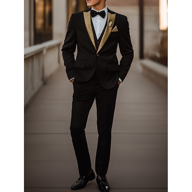 Men's Party Prom Party Suits Peaked Lapel Black Fashion Luxury Solid Colored Standard Fit 3 Piece Single Breasted One-button2