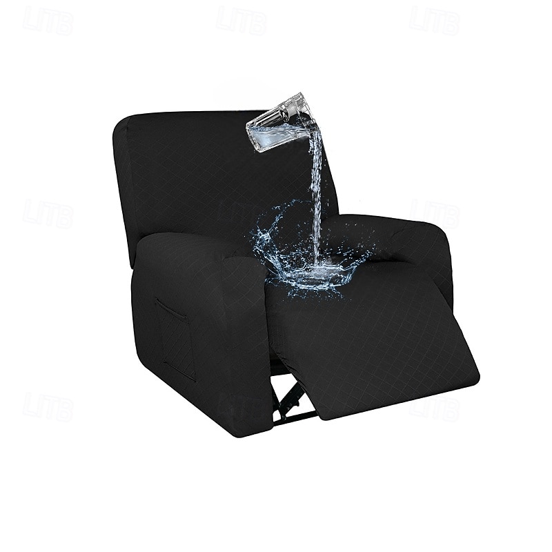 Waterproof Recliner Covers 4 Pcs Set, Stretch Reclining Chair Covers for 1 Cushion Reclining Sofa, Single Seat Recliner Couch Cover, Soft Thick Check Jacquard Fabric Machine Washable
