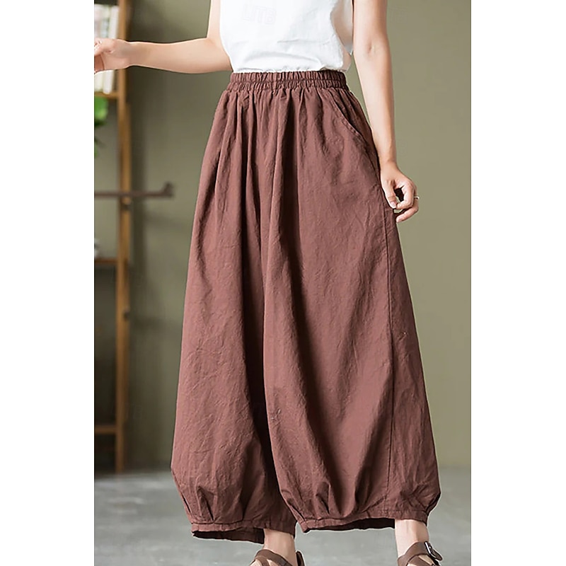 Women's Cotton Linen Pants Bloomers Fashion Streetwear Full Length Natural Plain Pocket Elastic Waist Comfy Outdoor Comfortable Vacation Weekend Maroon Black Green Summer Regular Fit2