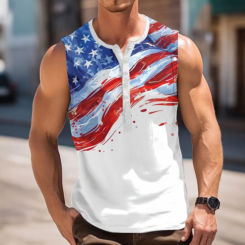 Men's Flag Stars and Stripes Tank Top Henley Shirt Sleeveless Vintage Fashion Designer Outdoor Casual Daily Summer Spring &  Fall 1 2 3 Henley Henley T-Shirt3