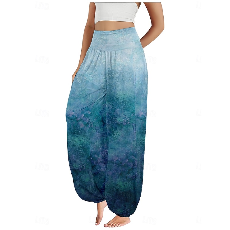 Women's Linen-Inspired Pants Wide Leg Pants Trousers Ethnic Style Casual Boho Full Length High Waist Gradient Pocket Elastic Waist Printing Breathability Soft Micro-elastic Outdoor Yoga Pink Dark