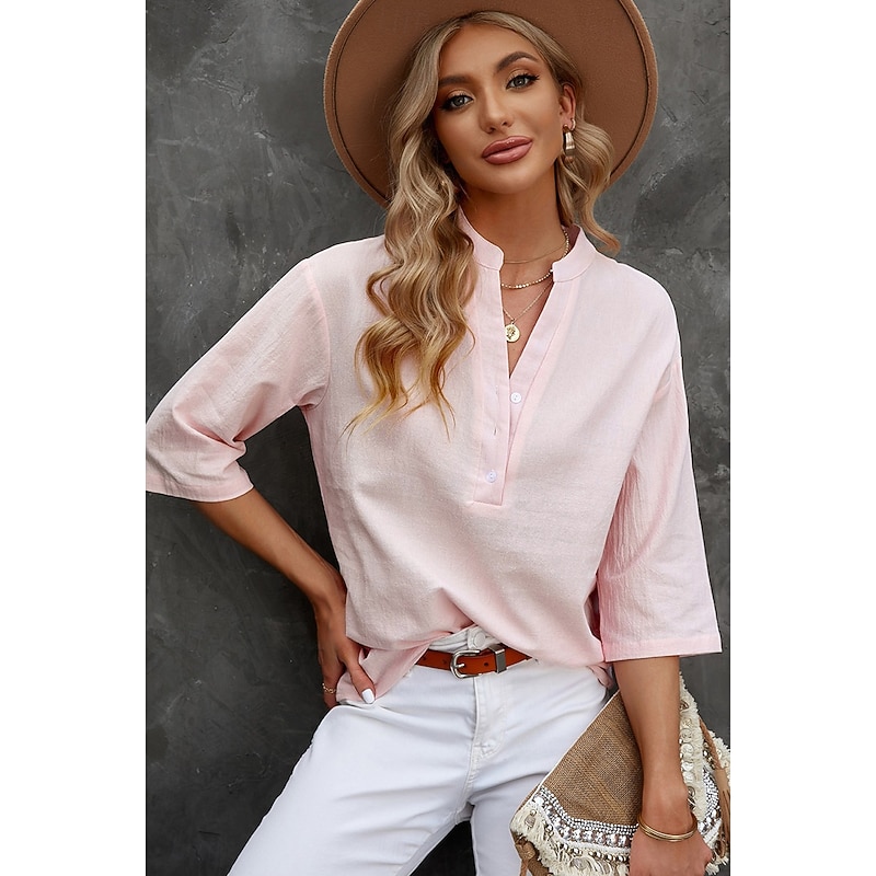 Women's Plus Size Shirt Button Up Solid Color Retro Vintage Work Half Sleeve High Neck Regular Tops Work Daily Buttons Black Yellow Pink Royal Blue Green Summer Spring Fall3