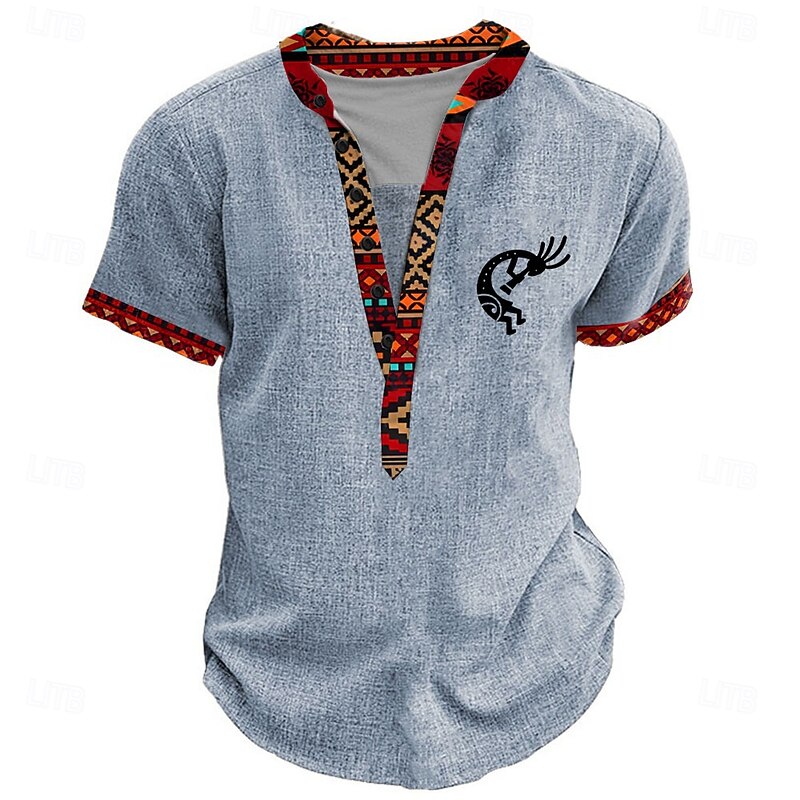 Men's Graphic Tribal Henley Shirt Short Sleeve 3D Print Fashion Designer Basic Daily Summer Light Blue Black Green Khaki Henley Henley T-Shirt4
