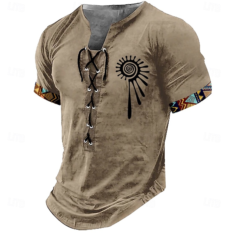 Men's Tribal Shirt Short Sleeve T shirt 3D Print Lace Up Neck Shirt Retro Vintage Vintage Retro Street Casual Daily Black Khaki Dark Gray Summer Spring Clothing Apparel S M L XL XXL XXXL2