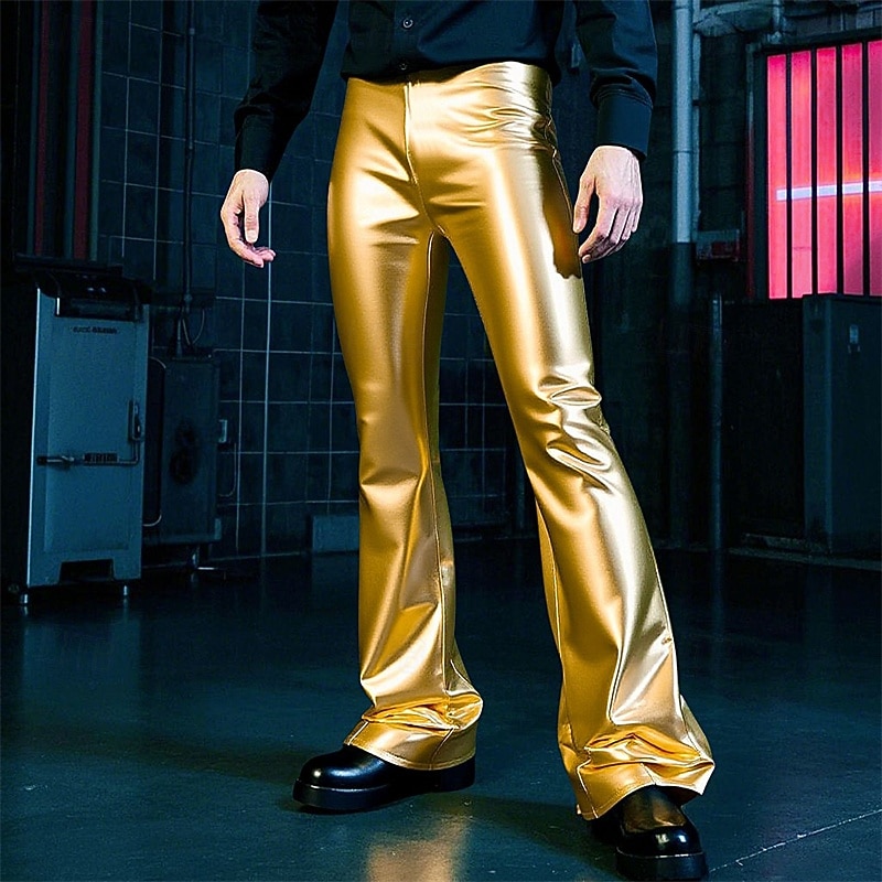 Men's Disco Pants Flared Pants Trousers Casual Pants Buttons Pocket Plain Comfort Party Stage Disco Lights Fashion Casual Gold Micro-elastic