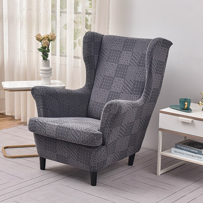 Jacquard Wingback Chair Slipcover - 2 Piece Stretch Jacquard Wing Chair Covers With Thick Arms And Elastic Bottom3