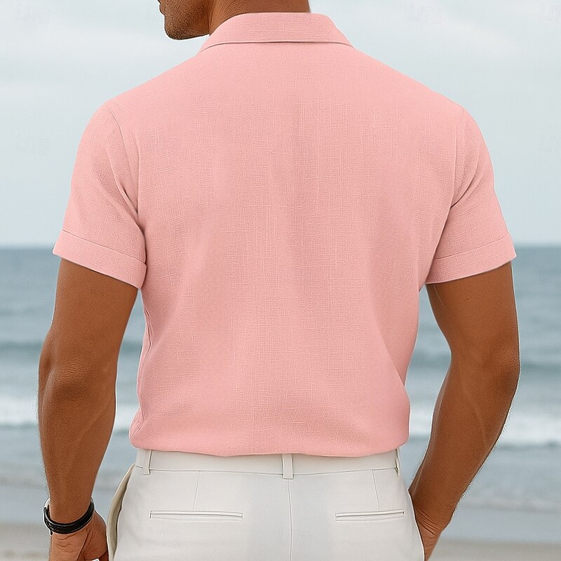 Men's Shirt Linen Shirt Guayabera Shirt Summer Shirt Beach Shirt Summer Hawaiian Shirt Solid Color Vacation Street White Pink Light Blue Short Sleeve Collar Summer Spring & Summer Clothing Apparel3