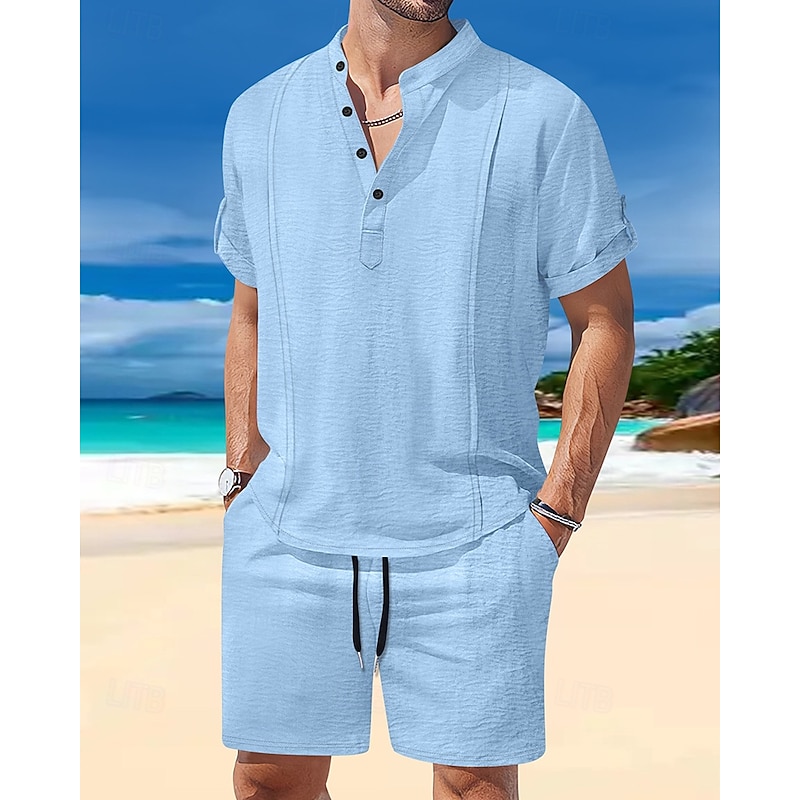 Men's T-shirt Suits 2 Pieces Outfits Tee & Shorts Short Sleeve Henley Summer Plain Fashion Casual 2 Piece Vacation Daily Wear Going out White Royal Blue Brown Top Tee for Men