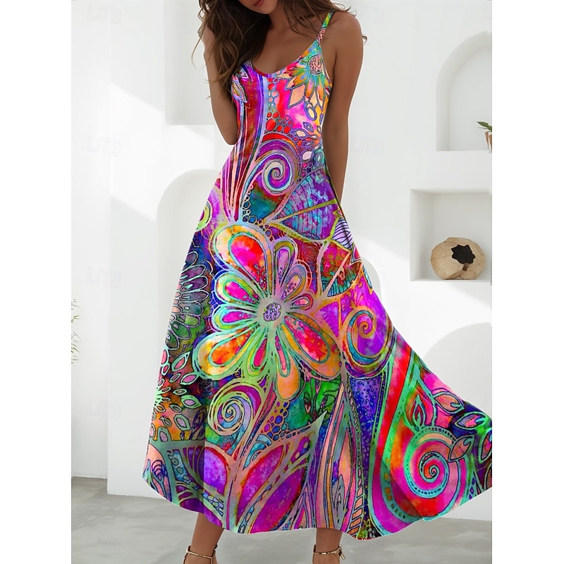 Women's Maxi Dress A Line Dress Slip Dress Vacation Casual Boho Party Going out Regular Fit Floral Graphic Sleeveless V Neck Blue Purple Brown Beige Summer Spring