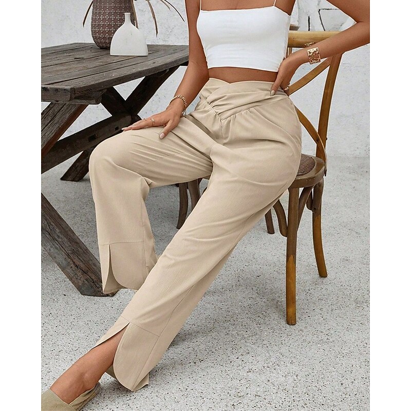 Women's Pants Trousers Palazzo Pants Fashion Streetwear Comfort Full Length Mid Waist Plain Elastic Waist Split Comfy Comfortable Street Daily Wear Going out Khaki Summer Spring Regular Fit2