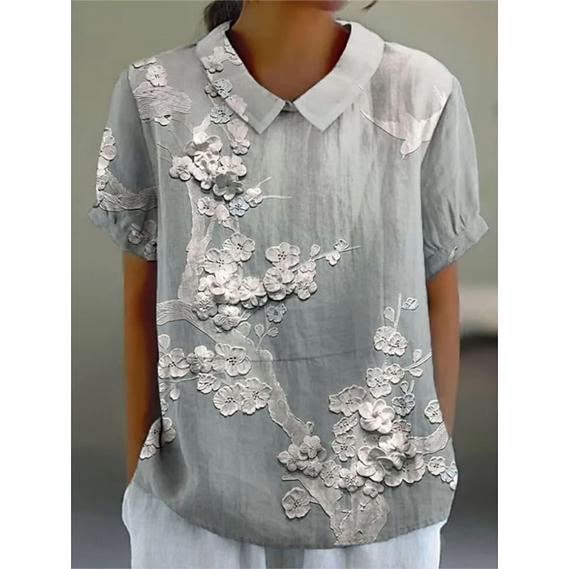 Women's Shirt Floral Stylish Modern Short Sleeve Shirt Collar Regular Tops Daily Holiday Print White Blue Gray Summer