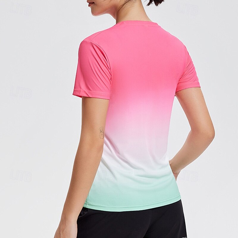 Women's Yoga Top Crew Neck Quick Dry Breathable Short Sleeve Sports Color Gradient Top For Gym Workout Dance Pickleball Activewear4