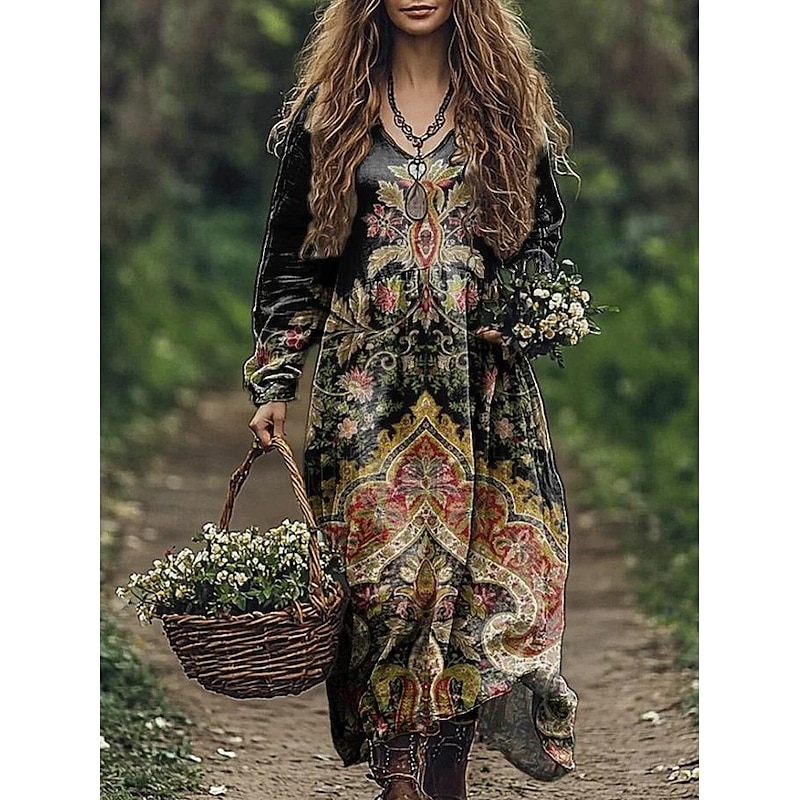 Women's Maxi Dress Sundress Pleated Dress Vacation Casual Boho Going out Beach Standard Fit Graphic Paisley Long Sleeve V Neck Deep Green Black Red Blue Summer Spring3