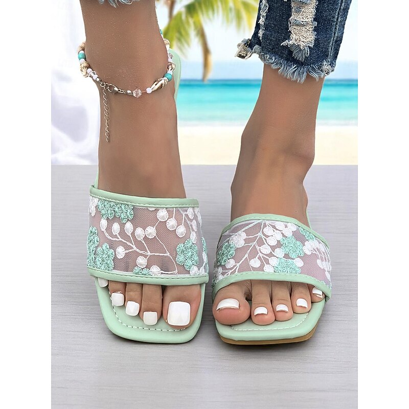Women's White Embroidered Mesh Slide Sandals – Floral Lace Design, Square Toe, Romantic Beach Style for Summer Vacations and Casual Wear2
