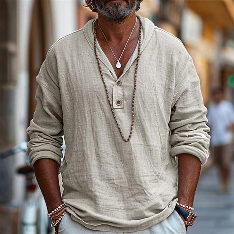 Men's Shirt Linen Shirt Popover Shirt Summer Shirt Beach Shirt Solid Color Vacation Street Black Blue Khaki Long Sleeve Collar Spring & Summer Clothing Apparel Buttons