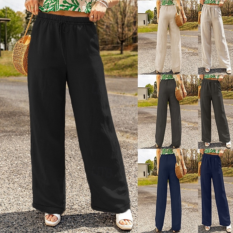 Women's Cotton Linen Pants Slacks Streetwear Casual Full Length Natural Plain Elastic Drawstring Design Comfy Outdoor Daily Wear Weekend Black Dark navy Dark Gray Khaki Summer Regular Fit