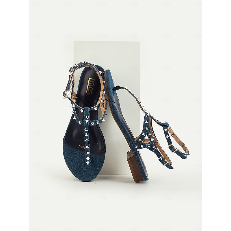 Women's Denim Studded Gladiator Sandals – T-Strap Flat Summer Sandals with Ankle Buckle, Trendy Casual Footwear for Teens and Young Women, Ideal for Vacations, Beach Walks, and Everyday Outfits4