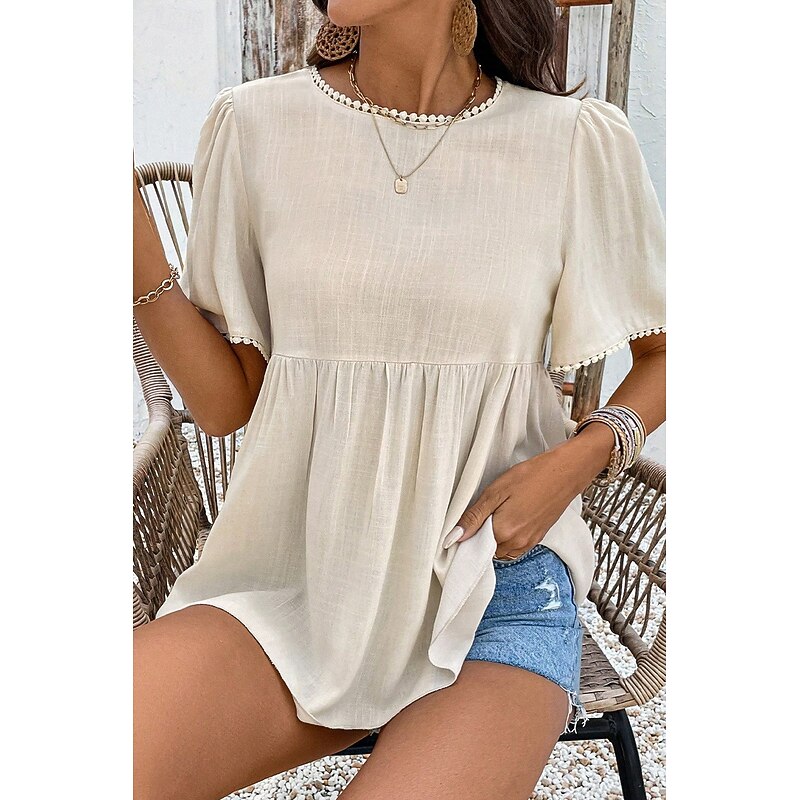 Women's Linen-Inspired Shirts Blouse Plain Modern Casual Short Sleeve Crew Neck Regular Tops Daily Holiday Going out Ruched Apricot Summer4