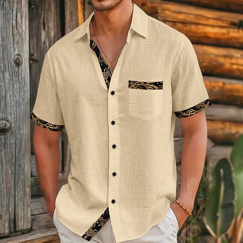 Men's Shirt Linen Shirt Viking Style Summer Shirt Beach Wear Button Up Shirt Solid Color Vacation Curise Black White Pink Khaki Short Sleeve Collar Summer Spring & Summer Clothing Apparel Color Block