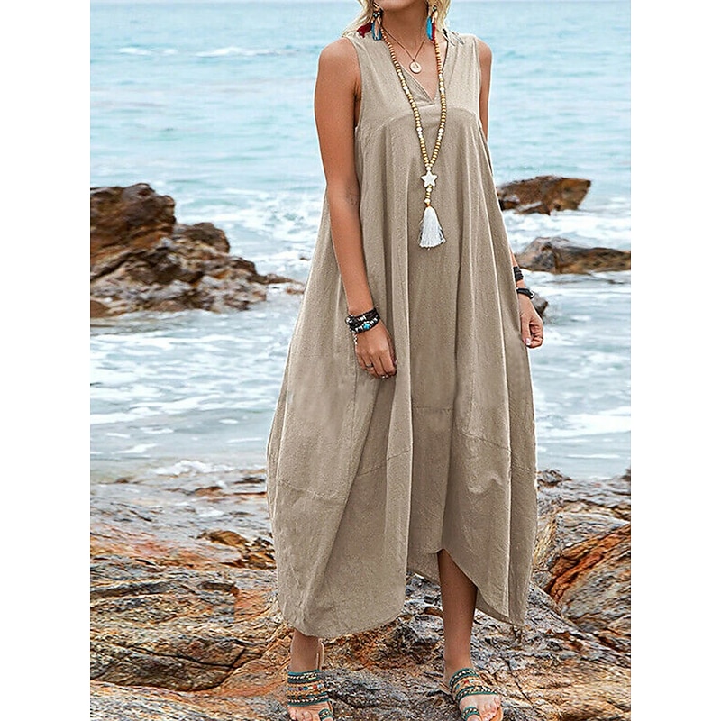 Women's Midi Dress Cotton Linen Dress Basic Casual Vacation Daily Regular Fit Plain Sleeveless V Neck Black Wine Khaki Summer3