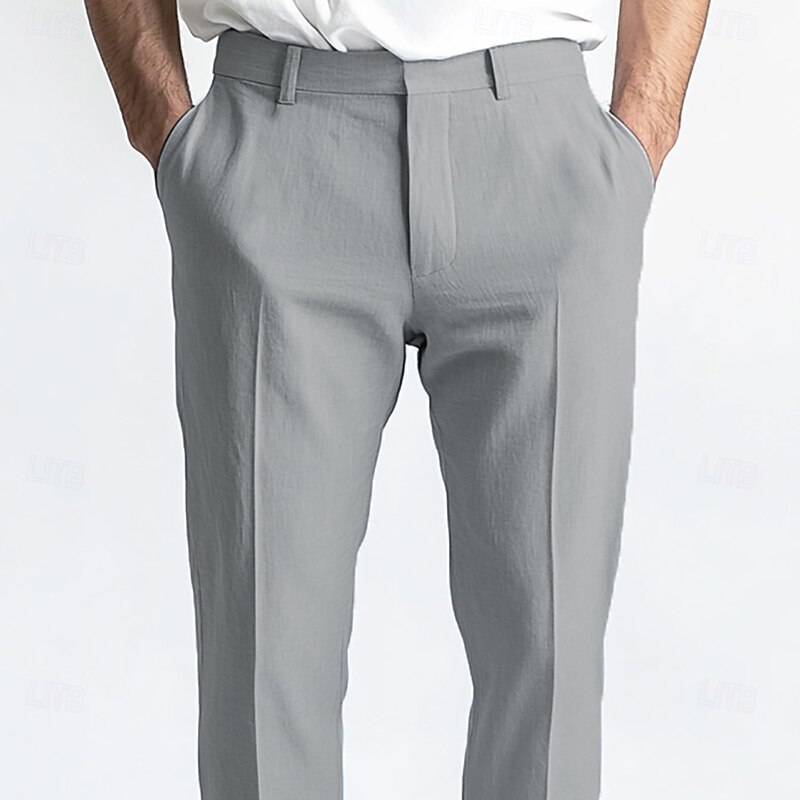 Men's Linen Pants Dress Pants Summer Trousers Straight Leg Plain Breathable Casual Daily Standard Fit Black White Blue2