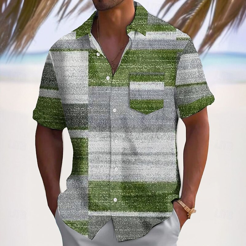 Men's Geometric Patchwork Grid / Plaid Shirt Casual Shirt Button Up Shirt Short Sleeve Fashion Casual Vacation Dailywear Holiday Summer Spring Turndown 3D Print Collared Shirts Front One Pocket Light4