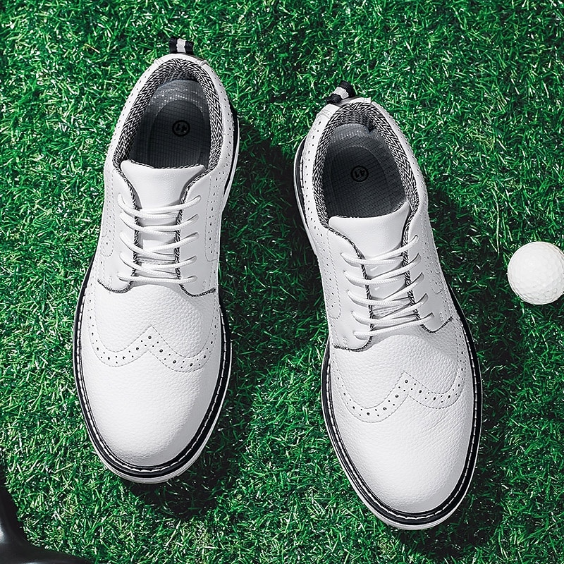 Men's White Brogue Golf Shoes – Durable Faux Leather Lace-Up Sneakers with Perforated Detailing for Golf and Sports Enthusiasts4