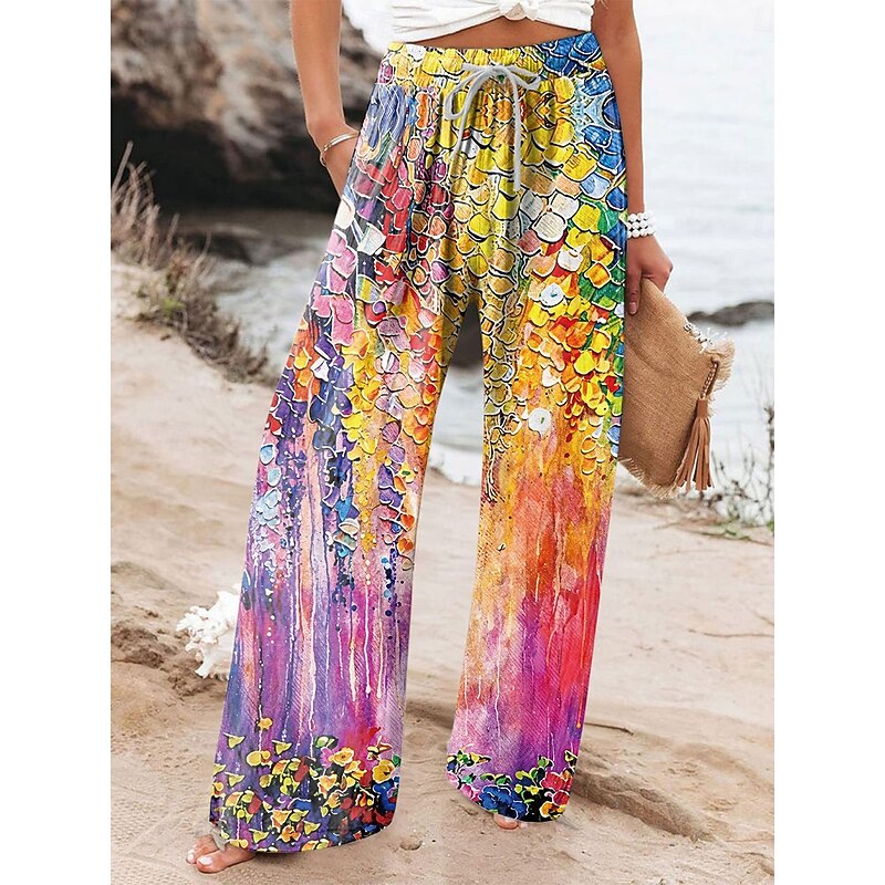 Women's Wide Leg Chinos Baggy Pants Vacation Fashion Ethnic Style Full Length High Waist Floral Graphic Abstract Printing Soft Breathable Micro-elastic Formal Vacation Street White Yellow Pink Blue