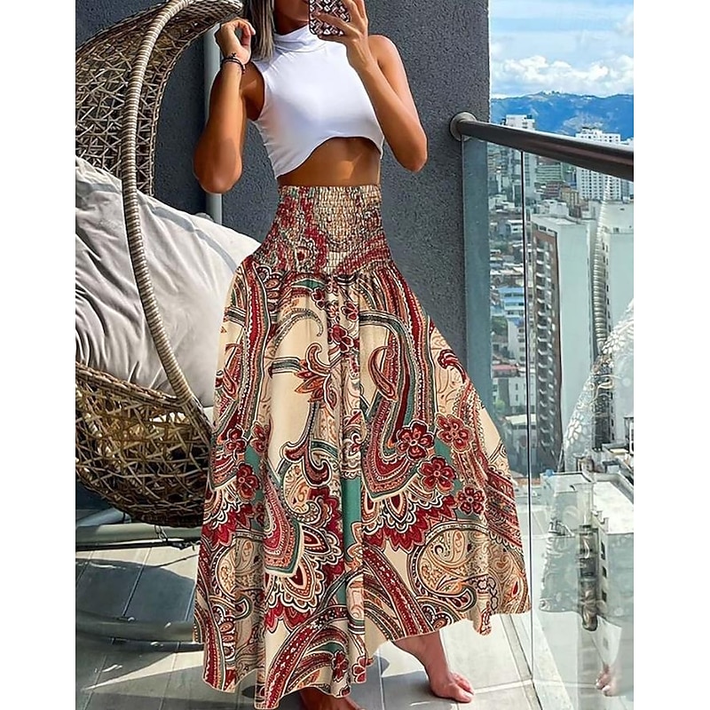 Women's Skirt Maxi Skirt Bohemia Fashion Beach Wear Casual Midi High Waist Skirts Floral Paisley Micro-elastic Vacation Street Gray Green Black Yellow Light Green Summer Polyester