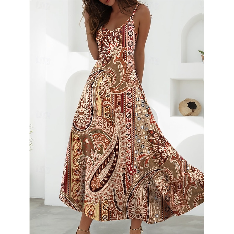 Women's Maxi Dress A Line Dress Slip Dress Vacation Casual Boho Party Going out Regular Fit Floral Graphic Sleeveless V Neck Blue Purple Brown Beige Summer Spring4