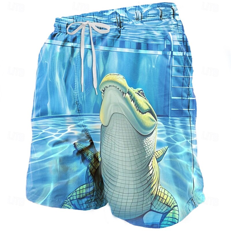 Men's Crocodile Ocean Sea Creatures Swim Trunks Swim Shorts Board Shorts Mid Waist Streetwear Hawaiian Beach Vacation Wear Side Pockets Mesh Lining Elastic Drawstring Waist Designer Clothing Apparel