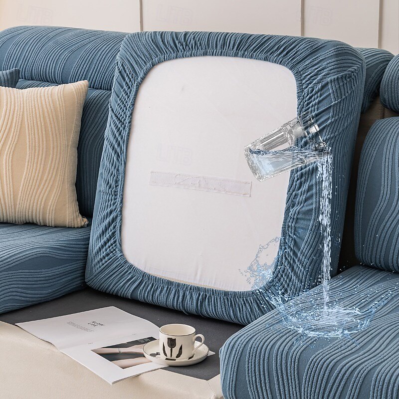Water Resistant Sofa seat Cushion Cover Jacquard Striped Slipcover Elastic Couch Armchair Loveseat 4 or 3 Seater Grey Plain Solid Soft Durable Washable