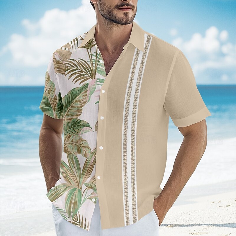 Men's Striped Tropical Palm Tree Guayabera Shirt Summer Hawaiian Shirt Button Up Shirt Short Sleeve Hawaiian Vacation Beach Wear Summer Spring Turndown 3D Print Collared Shirts Blue Green Khaki3