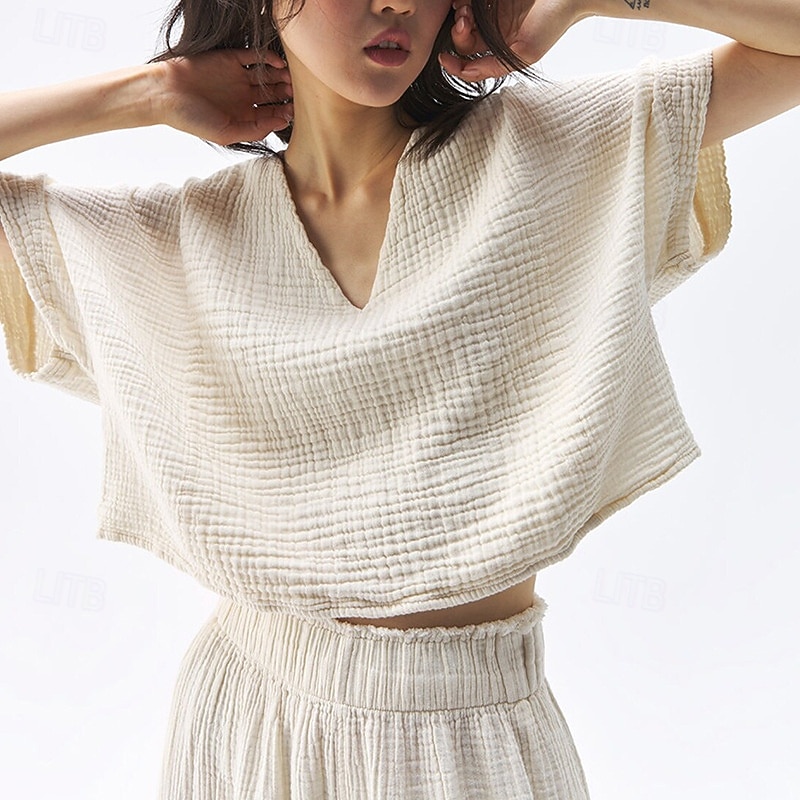 Women's Shirt Linen Shirt Blouse Plain Stylish Modern Short Sleeve V Neck Regular Tops Daily Holiday Going out White Army Green Navy Blue Purple Summer