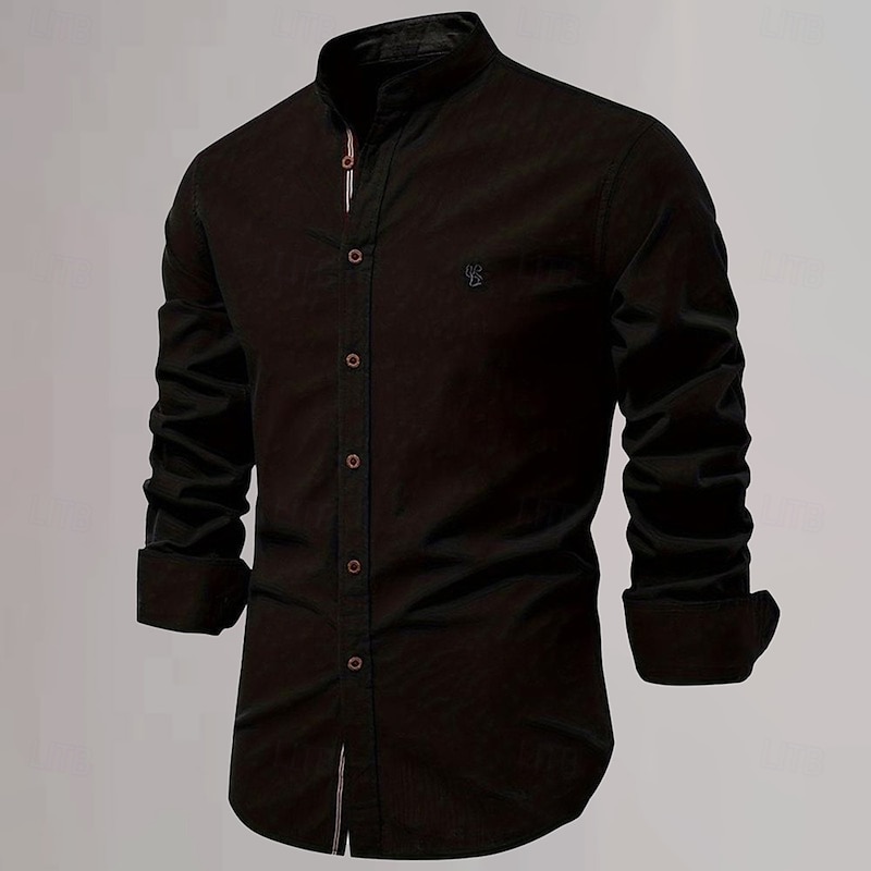 Men's Chinese Collar Shirt Mandarin Collar Shirt Cotton Linen Shirt Plain Vacation Casual Daily Black White Light Green Dark Blue Long Sleeve Grandad Collar Clothing Apparel2